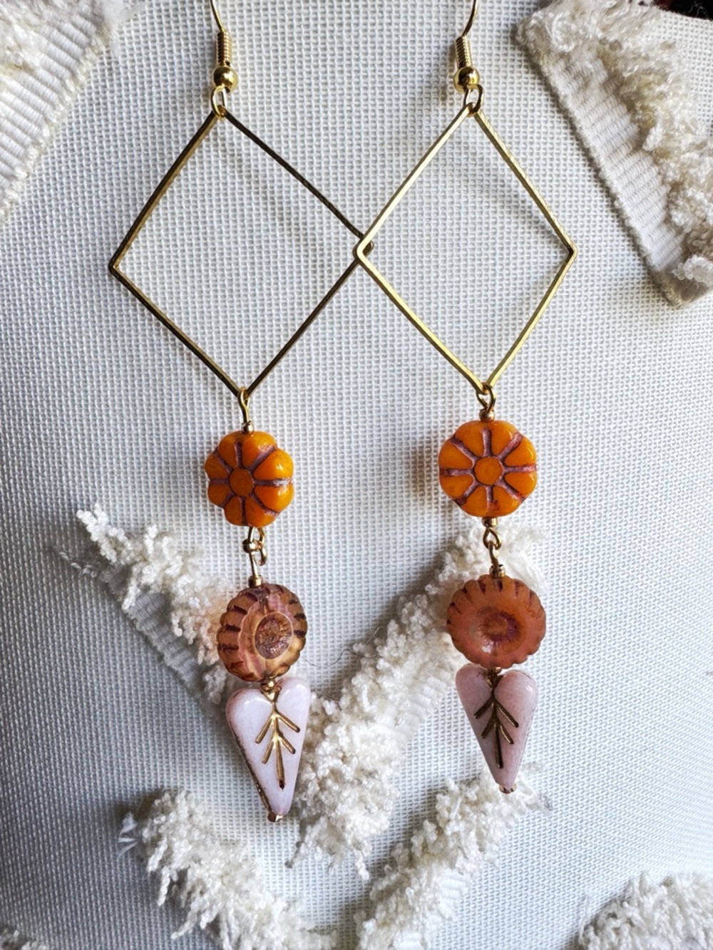 Gold-Tone Drop Earrings with Blush Hearts